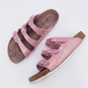 Birkenstock Florida Fresh Vegan 3 Strap Slide Sandals in Shiny Snake Rose EU 37